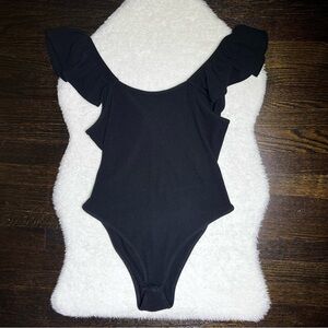 NWT Francesca’s Blue Rain Black Ribbed Knit Tie Back Bodysuit